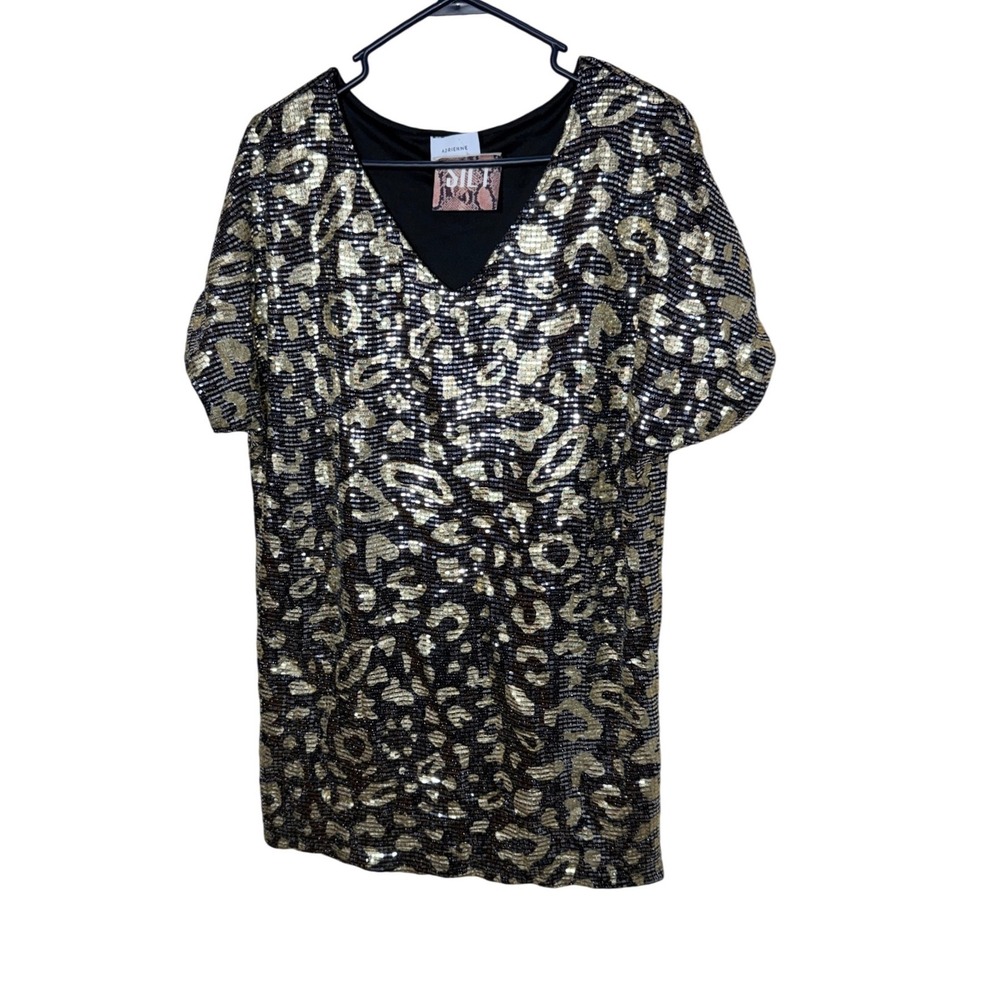 Adrienne Womens Black Gold Metallic Leopard Print V-Neck Shift Dress Small